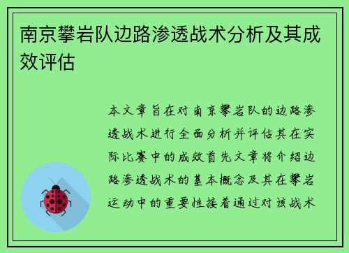 南京攀岩队边路渗透战术分析及其成效评估
