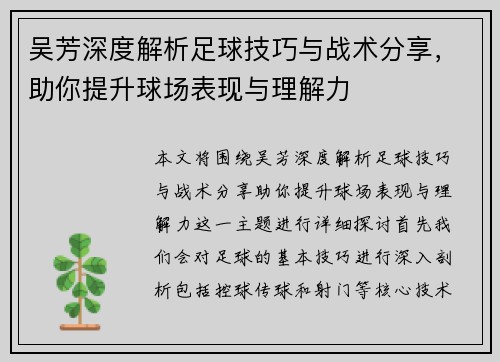 吴芳深度解析足球技巧与战术分享，助你提升球场表现与理解力
